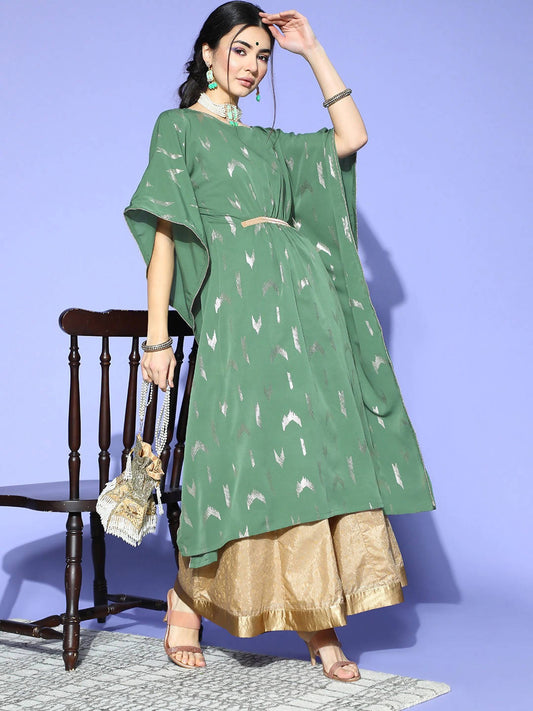 Janasya Women Green Geometric New Age Kaftan Kurta