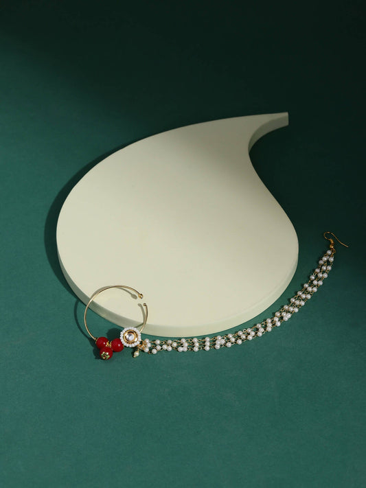 White Red Gold-Plated Kundan-Studded Beaded Nosepin - Ruby Raang - Grab2buy