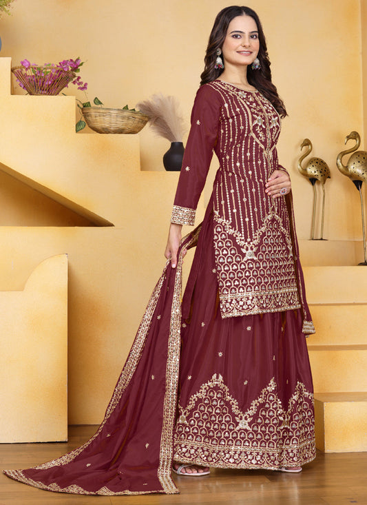 Prazu Fashion Maroon Crepe Silk Sequin Embroidered Sharara Suit