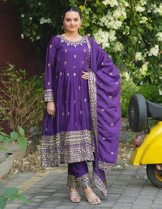 Lehenga Mart Premium Readymade Gown And Pant With Dupatta Set For Women-Purple