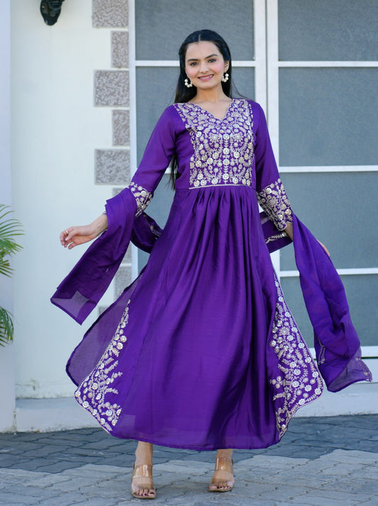 Teeya Creation Purple Color Chinnon Silk Heavy Embroidery Work Fully Stitched Salwar Suit