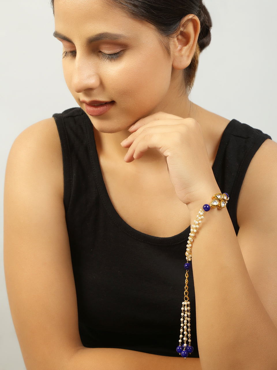 Peryl Women's Blue White Gold Tone Kundan Bracelet - Grab2buy