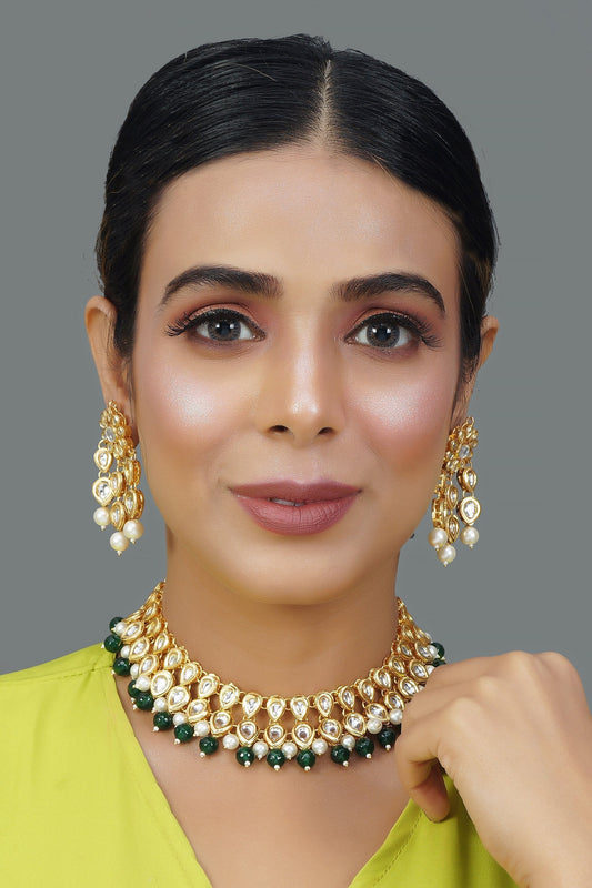 Peryl Women Beaded Kundan Necklace With A Pair Of Earrings(2 Pc Set) - Grab2buy