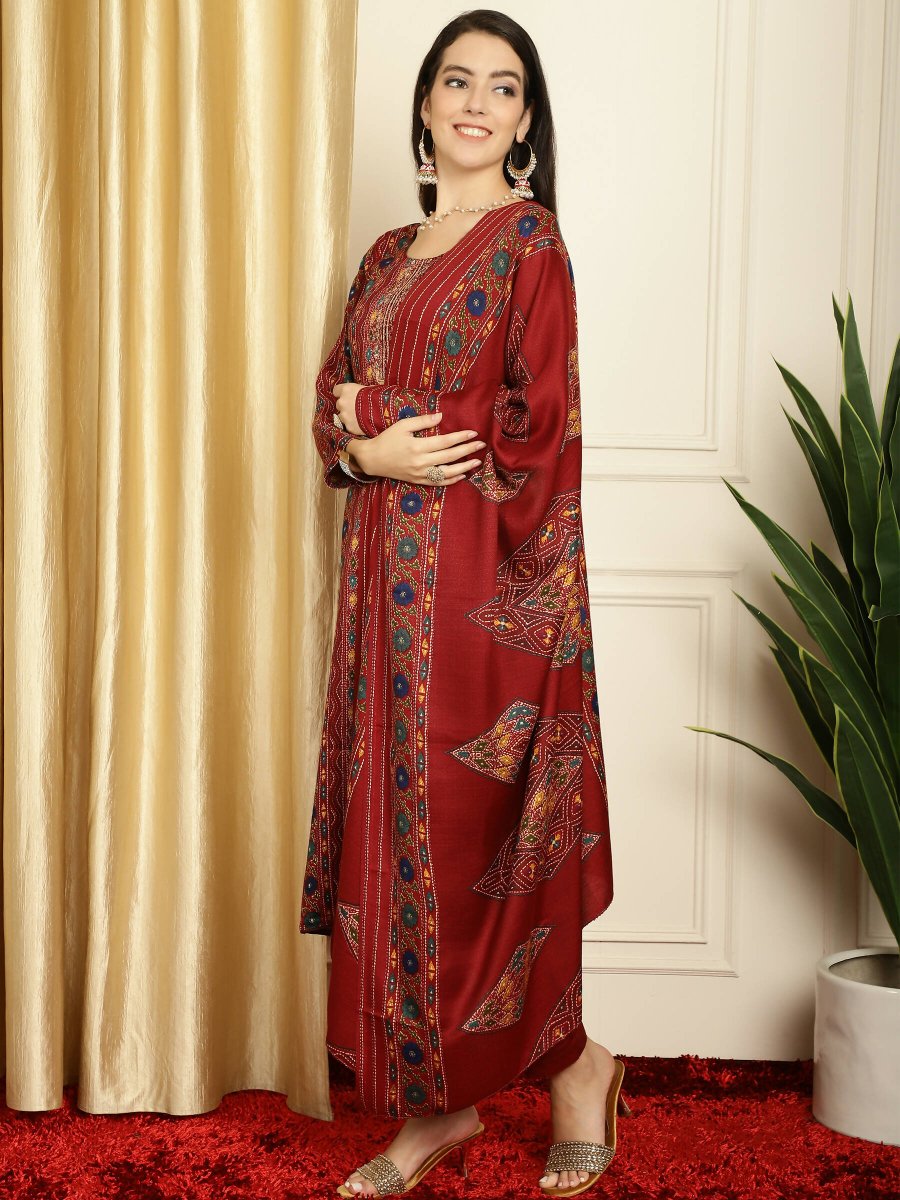 Aastha Fashion Women's Maroon Pashmina Floral Digital Printed Kurta with Trouser & Dupatta - Grab2buy