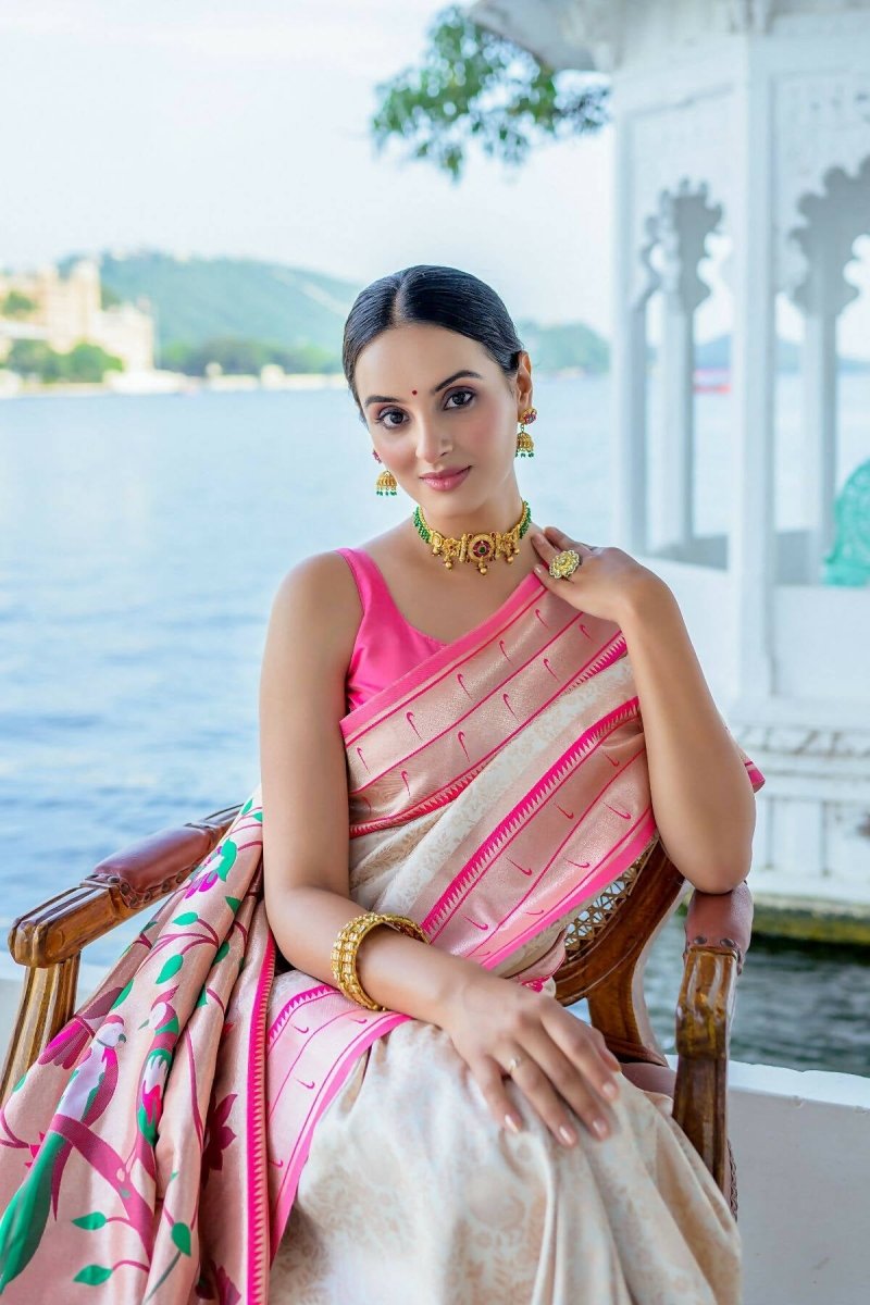 Aastha Fashion Off White Woven Kanjivaram Silk Saree with Blouse - Grab2buy