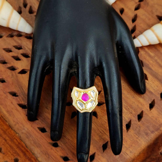 JS Fashion Traditional Kundan Finger Ring with Multi Center Stone High Adjustable Gold Finish for Women|Royal Statement Gift