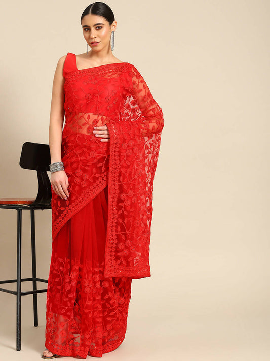 Red Woven Design Net Saree with Blouse Piece - Kalamkari
