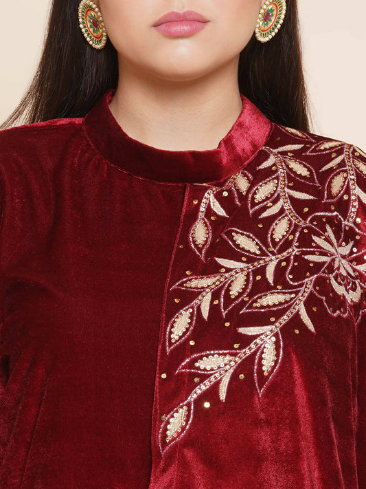 Women Republic Maroon Velvet Drape Styel Gown - Grab2buy