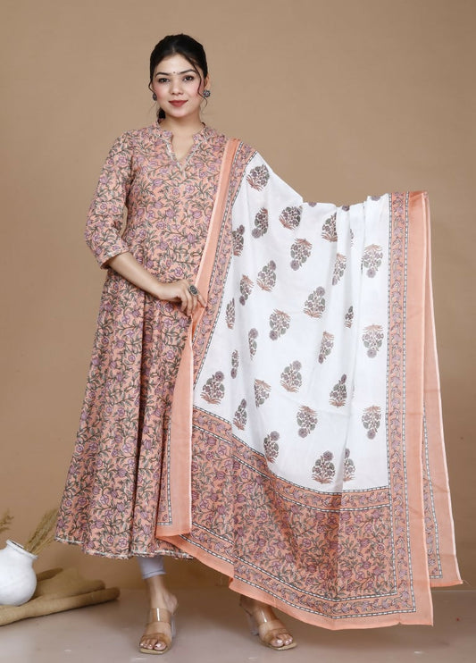 Miravan Women's Surpassing Orange Partywear Floral Printed Anarkali Kurta Dupatta