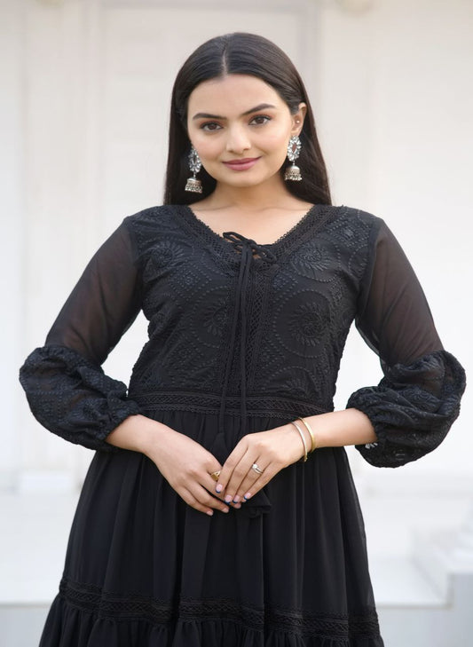 Lehenga Mart Designer Faux Georgette Gown With Embroidered Work - Black
