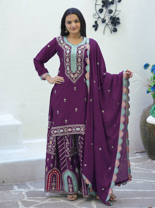 Lehenga Mart Designer Chinon Suit With Sequence Embroidered Work - Purple