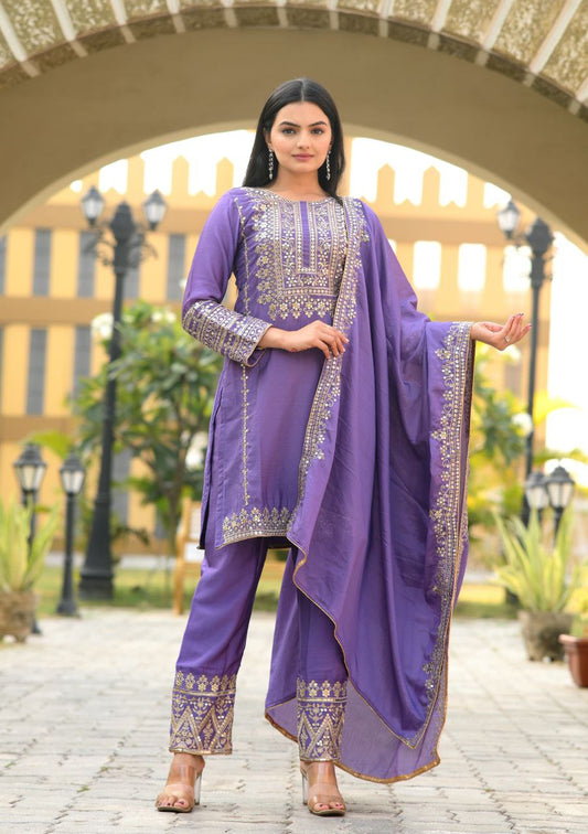Lehenga Mart Designer Chinon Suit With Sequence Embroidered Work - Lavender