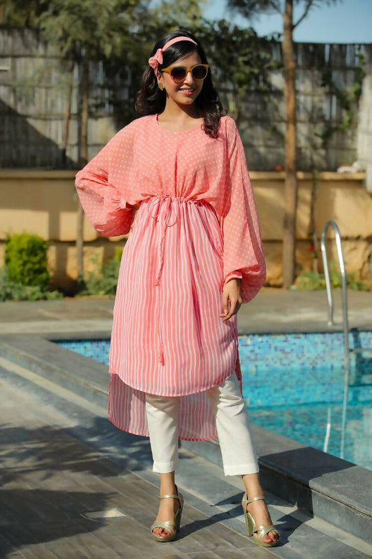 Juniper Women Peach Georgette Bandhani High-Low Tunic