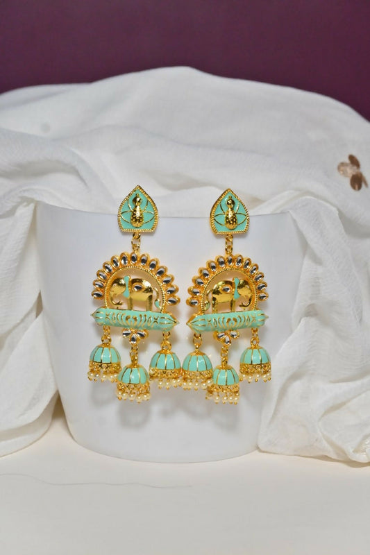 Green Traditional Gold-Polished Elephant Design Kundan Jhumka Jhumki Earrings Indian Jewellery For Women & Girls By House of Ree | Grab2Buy