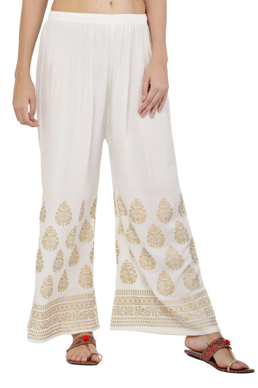 PAVONINE White Color Golden Printed Rayon Fabric Sharara For Women