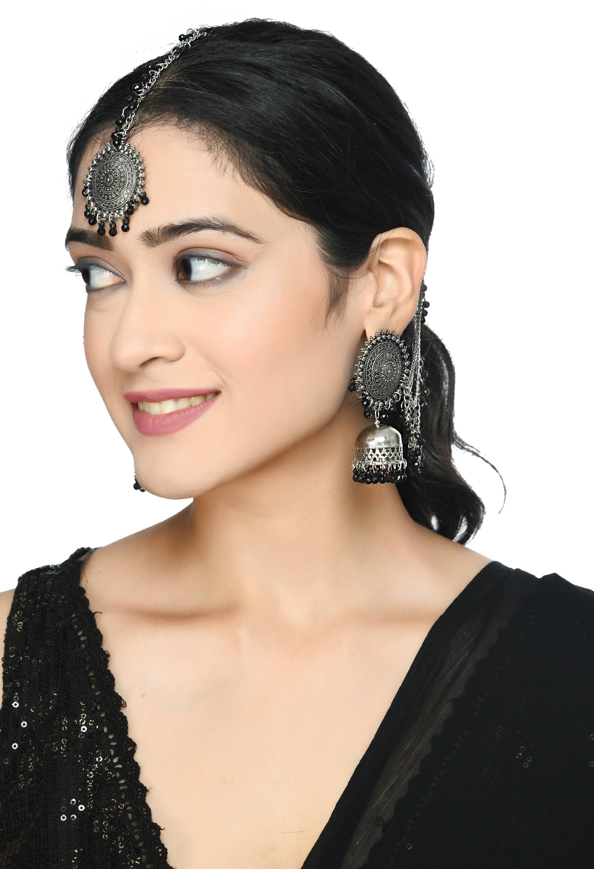 Mominos Fashion Johar Kamal Bahubali Black Beads Earrings With Tikka - Grab2buy