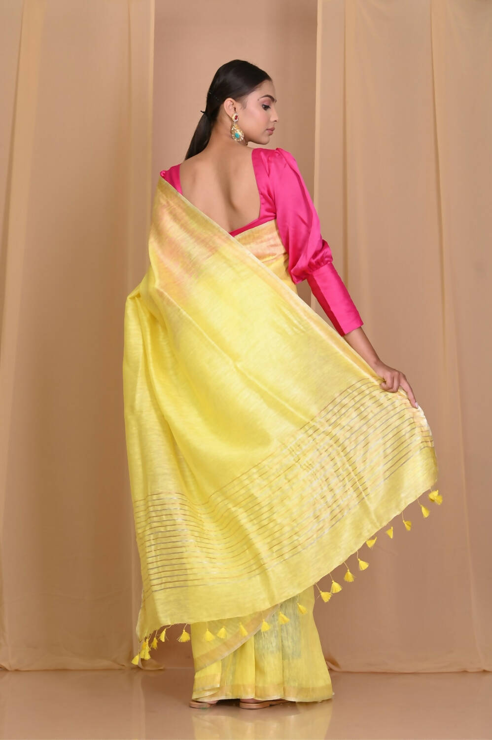 Very Much Indian Pure Linen Silk Saree With Sleek Border - Yellow - Grab2buy