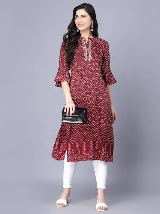Myshka Silk Printed 3/4 Sleeve Round Maroon Women Kurta