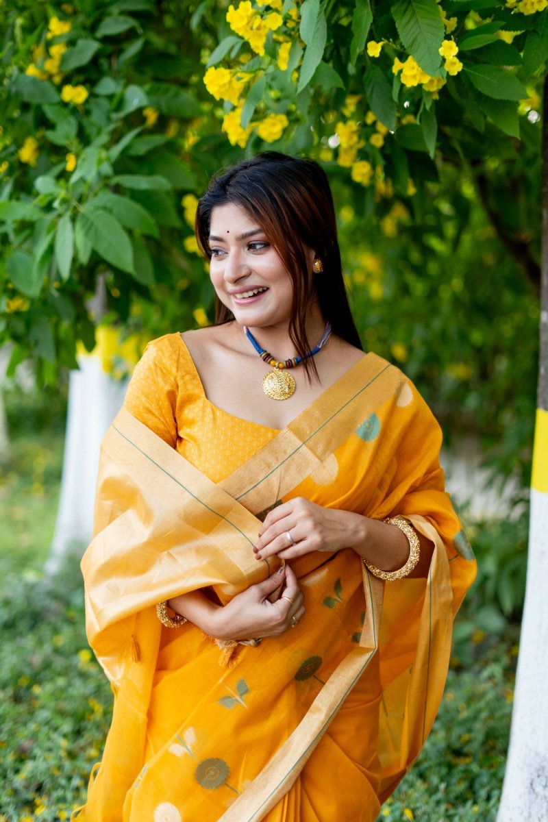 Aastha Fashion Yellow Woven Cotton Silk Saree with Blouse - Grab2buy