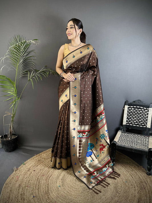 Joban Fashion Brown Peacock & Floral Motifs Soft Lichi Silk Kanchipuram Saree