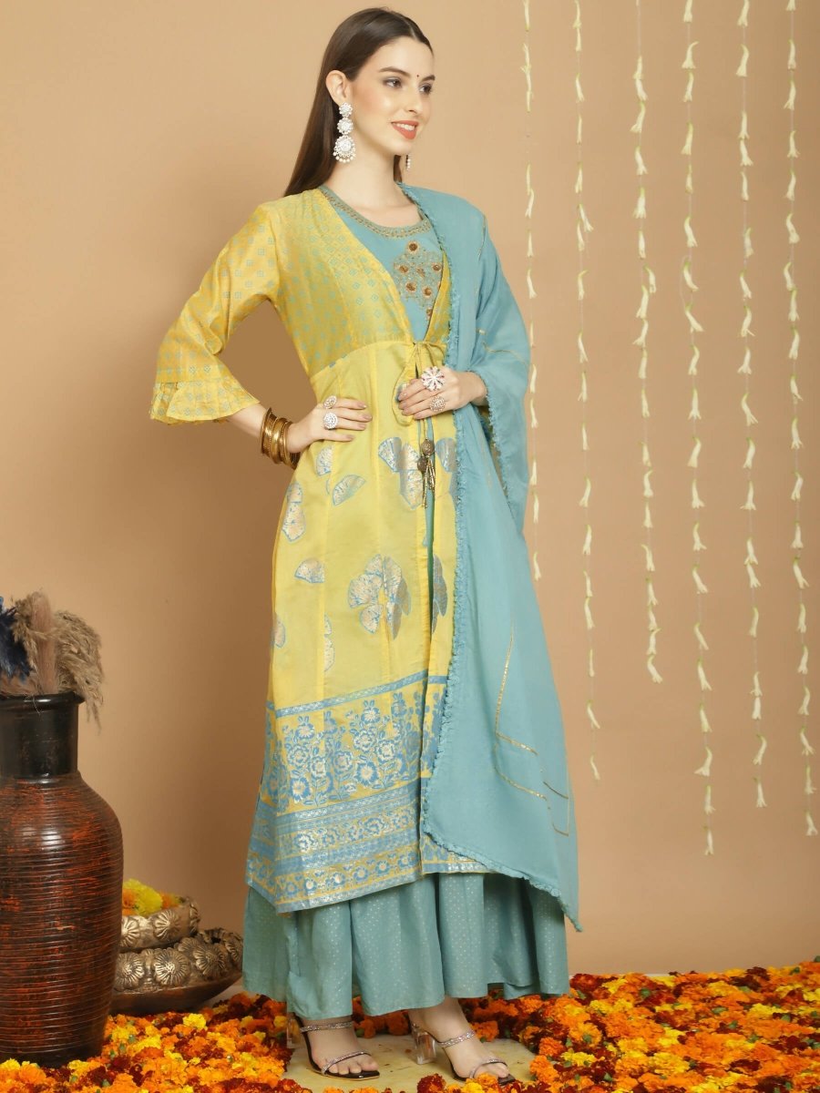 Aastha Fashion Women's Yellow Chanderi Silk Elegant Jardoshi Kurta with Trouser & Dupatta - Grab2buy