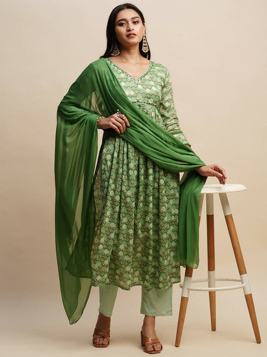 Green Pure Cotton Floral Printed Naira Cut Kurta And Bottom With Dupatta - Akashara