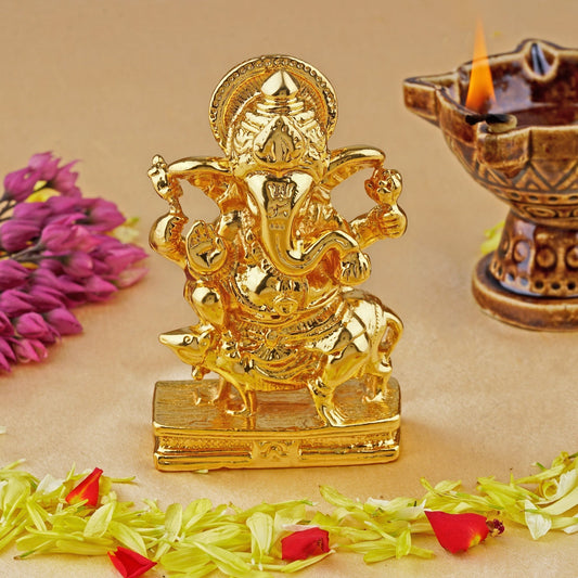 Estele Gold-Polished Spiritual Lord Mooshak Ganesha Idol for Gifts & HouseWarming/Home/Office Decors | Grab2Buy