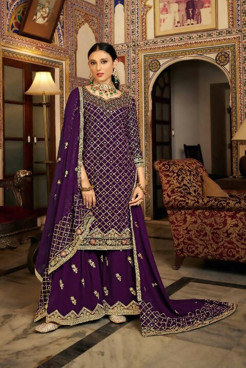 Purple Heavy Chinon Semi Stitched Kurta with Bottom & Dupatta - Dhvani