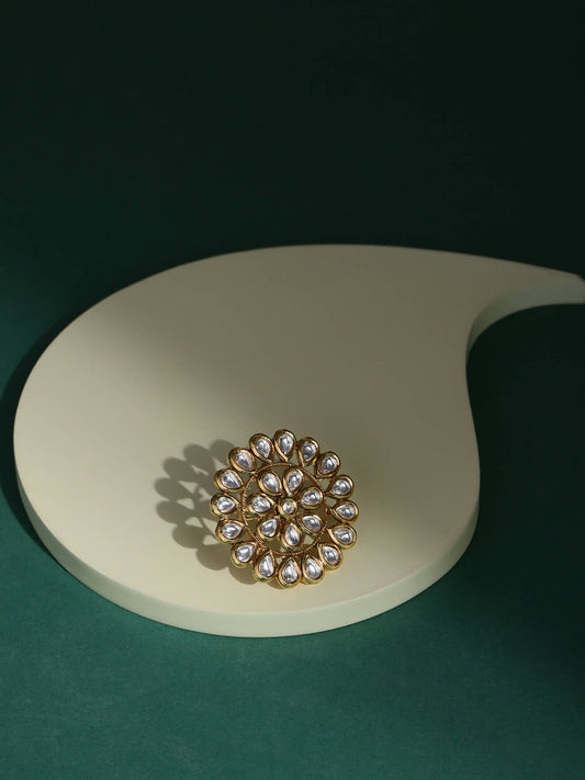 Gold-Plated White Kundan-Studded Adjustable Finger Ring - Ruby Raang - Grab2buy