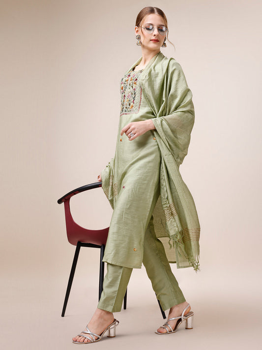 Embroidered Kurta With Pant And Dupatta Set, Multicolor - Hiral Fashion