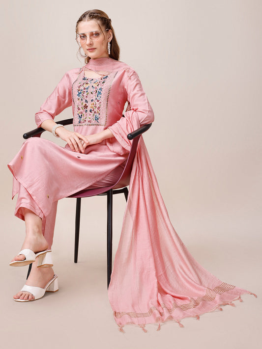 Embroidered Kurta With Pant And Dupatta Set, Multicolor - Hiral Fashion