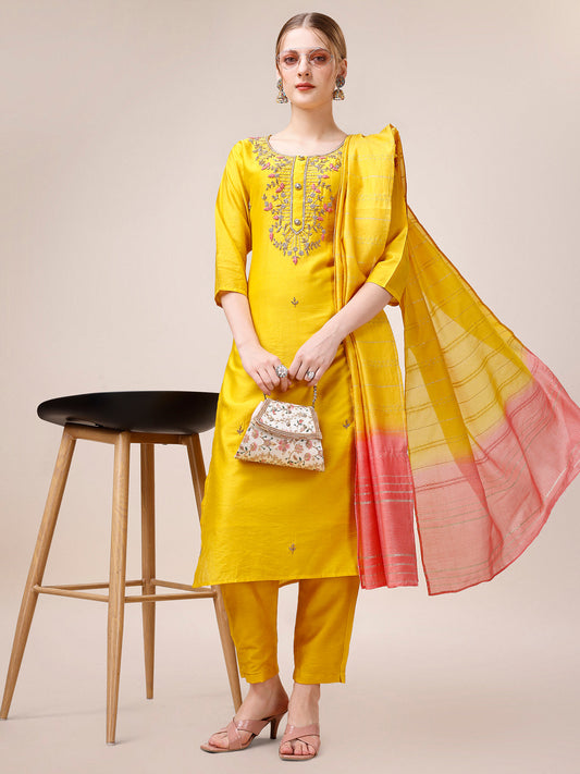 Hand Embroidered Kurta With Pant And Dupatta Set, Multicolor - Hiral Fashion