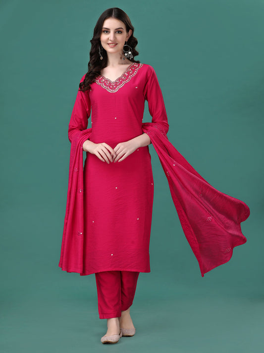 Hand Embroidered Kurta With Pant & Dupatta, Multicolor - Hiral Fashion