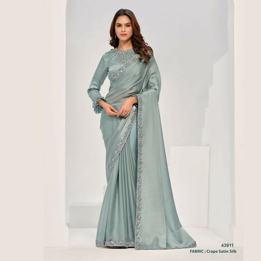 Sea Green Crepe Satin Silk Handwork Saree With Unstitched Blouse - Norita Saanjh