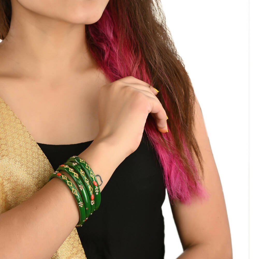 Afast Designer Fancy Party Bangle/ Kada Set, Green, Glass, Pack Of 8 - Grab2buy
