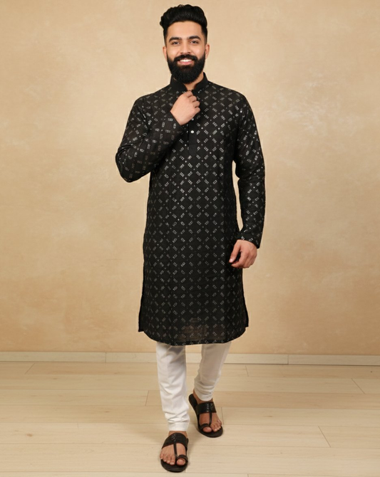 Neera Trendz Black Heavy Soft Silk Mirror Work Men's Kurta Pyjama