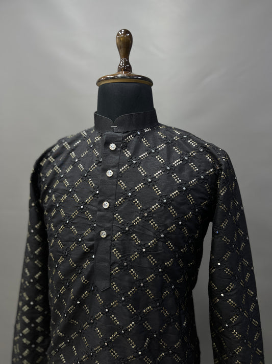 Neera Trendz Black Heavy Soft Silk Mirror Work Men's Kurta Pyjama