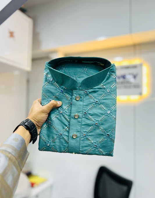 Neera Trendz Light Blue Heavy Soft Silk Mirror Work Men's Kurta Pyjama