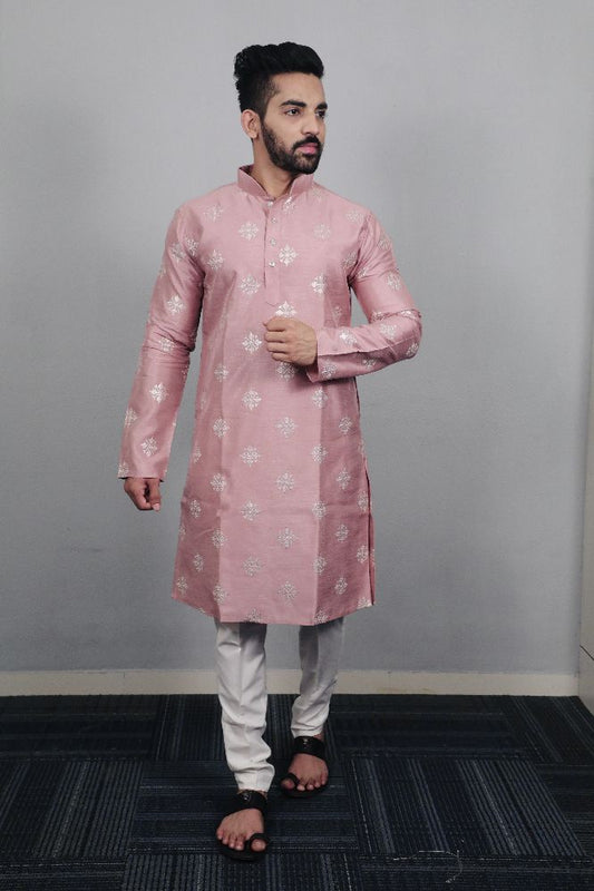 Neera Trendz Mauve Soft Parbon Silk Embroidered Men's Kurta Pyjama