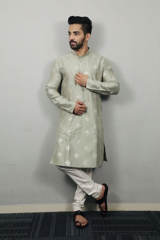 Neera Trendz Olive Soft Parbon Silk Embroidered Men's Kurta Pyjama