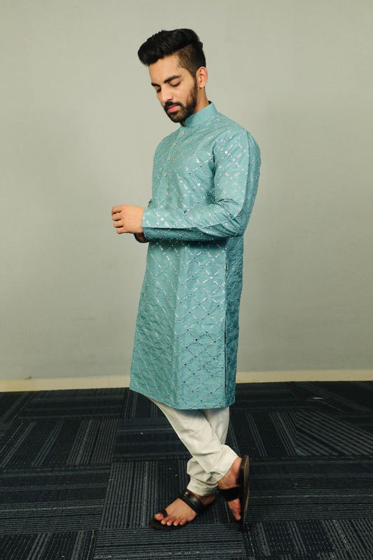 Neera Trendz Light Blue Heavy Soft Silk Mirror Work Men's Kurta Pyjama