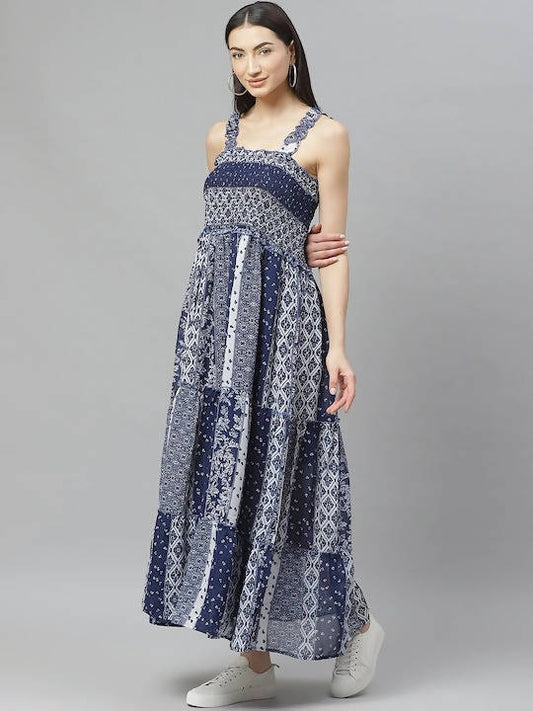 Myshka Navy Blue And White Geometric Printed Maxi Tiered Dress