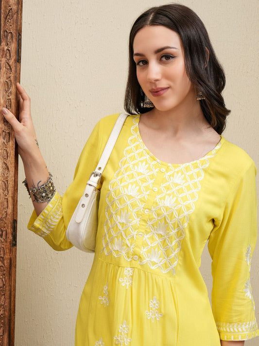 Vishudh Yellow Floral Embroidered Round Neck Thread Work Straight Kurta With Palazzos | Grab2Buy