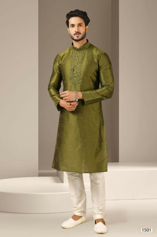 Raivat Ethnic Banarasi Art Silk Mirror Work Kurta Pajama In Green Colour