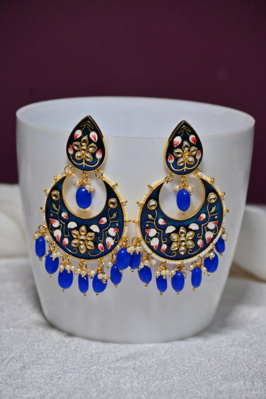 Royal Blue Gold-Polished Brass & Pearl Dangle Women Earrings| Hand Painted Meenakari Chandbali Traditional Ethnic Wear Earrings By House of Ree House of Ree