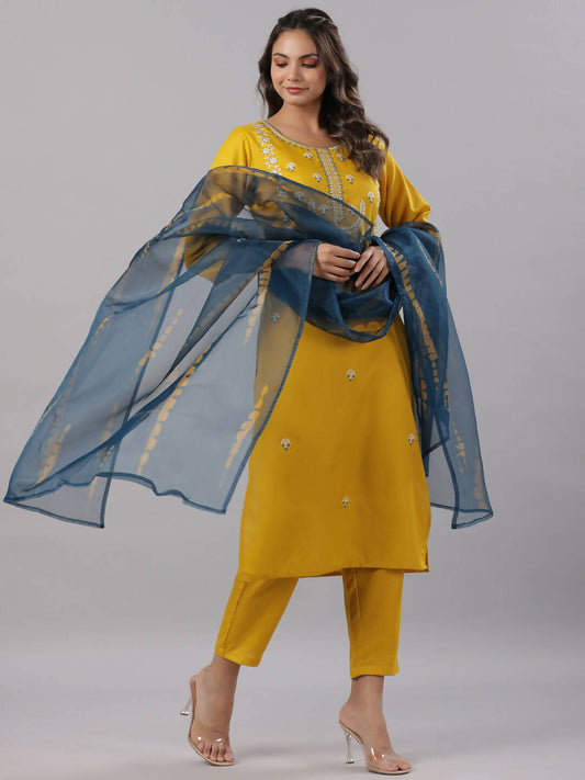 Juniper Women's Mustard Silk Zari Embroidered Kurta Pant Dupatta Set