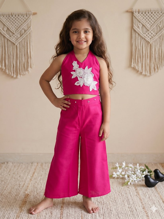 Evanik Pink Pure Khadi Cotton With Patch Work Kids Summer Co-Ord Set