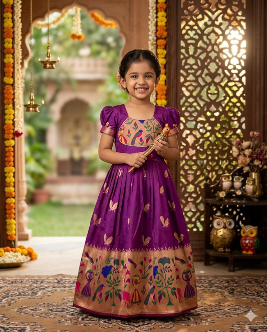 Evanik Purple Soft Paithani Silk Zari Weaving Birds Pattern Kids Gown
