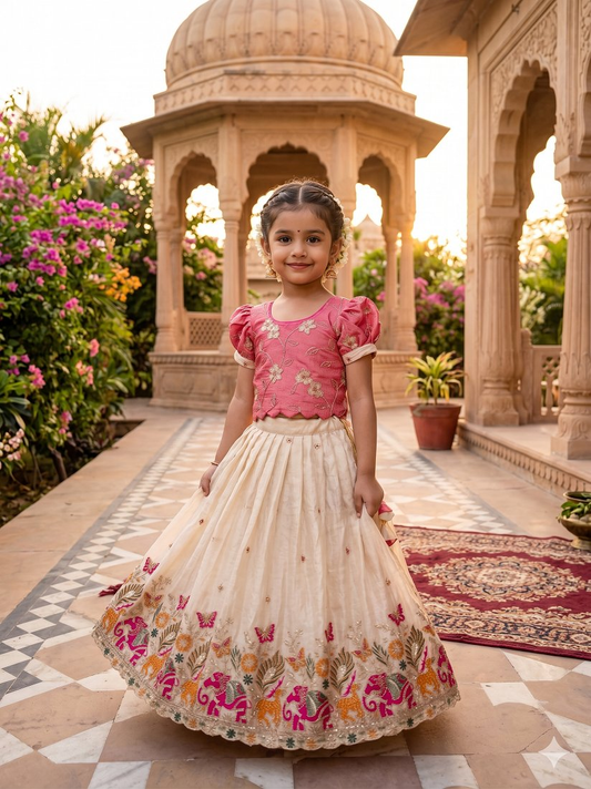 Evanik Pink Space Silk Elephant Mission Embroidered Work Kids Lehenga Choli Set