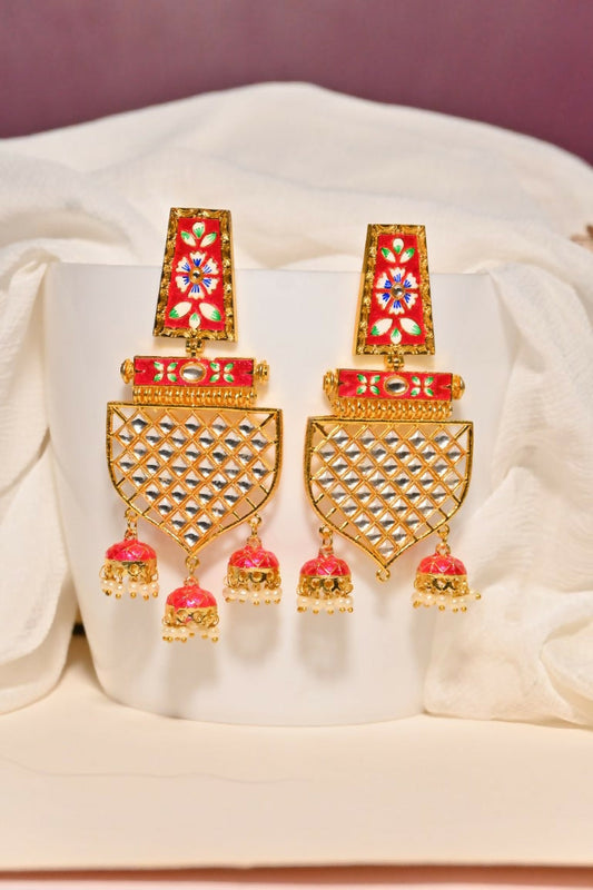 Red Traditional Gold-Polished Meenakari Jhumka Jhumki Earrings Indian Jewellery For Women Girls By House of Ree | Grab2Buy